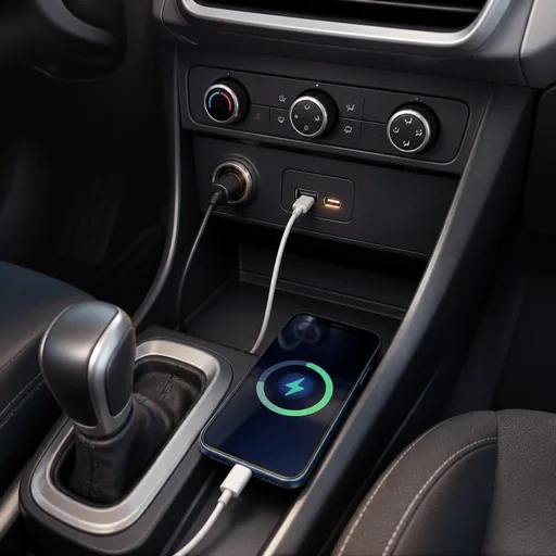 Image générée par intelligence artificielle Citadine d'occasion : prises 12V, USB, fusibles & accessoires — illustration générée par IA