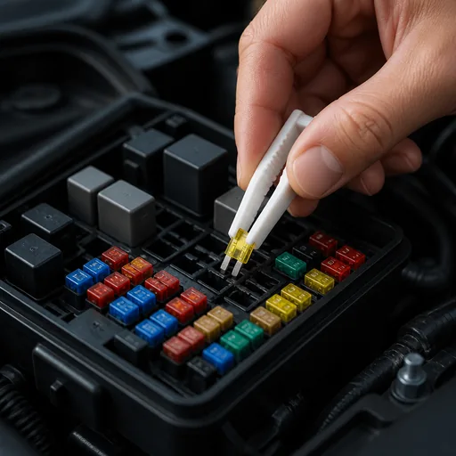 Citadine d'occasion : prises 12V, USB, fusibles & accessoires — illustration générée par IA