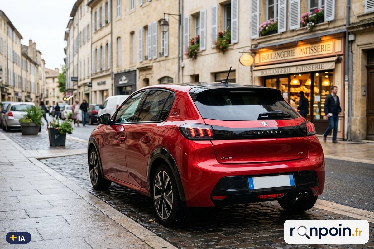 Peugeot 208 II rouge de trois quarts arrière — illustration générée par IA
