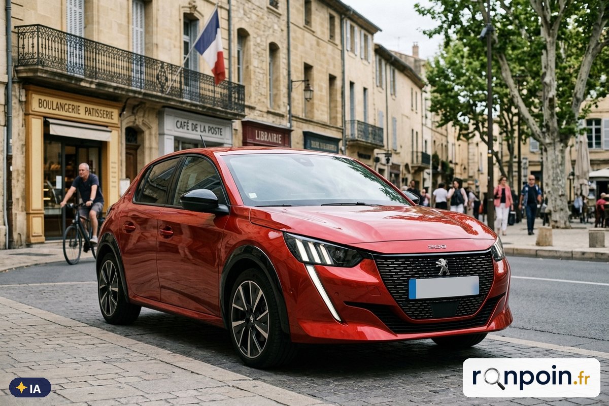 Image générée par intelligence artificielle Peugeot 208 II rouge de trois quarts avant — illustration générée par IA